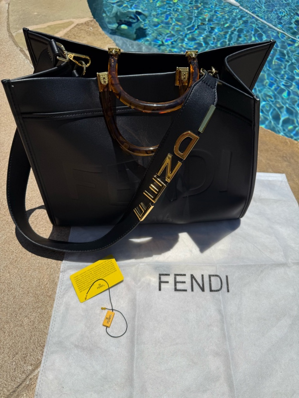Fendi Black Leather Tote with Tortoiseshell Handles and Gold Hardware
